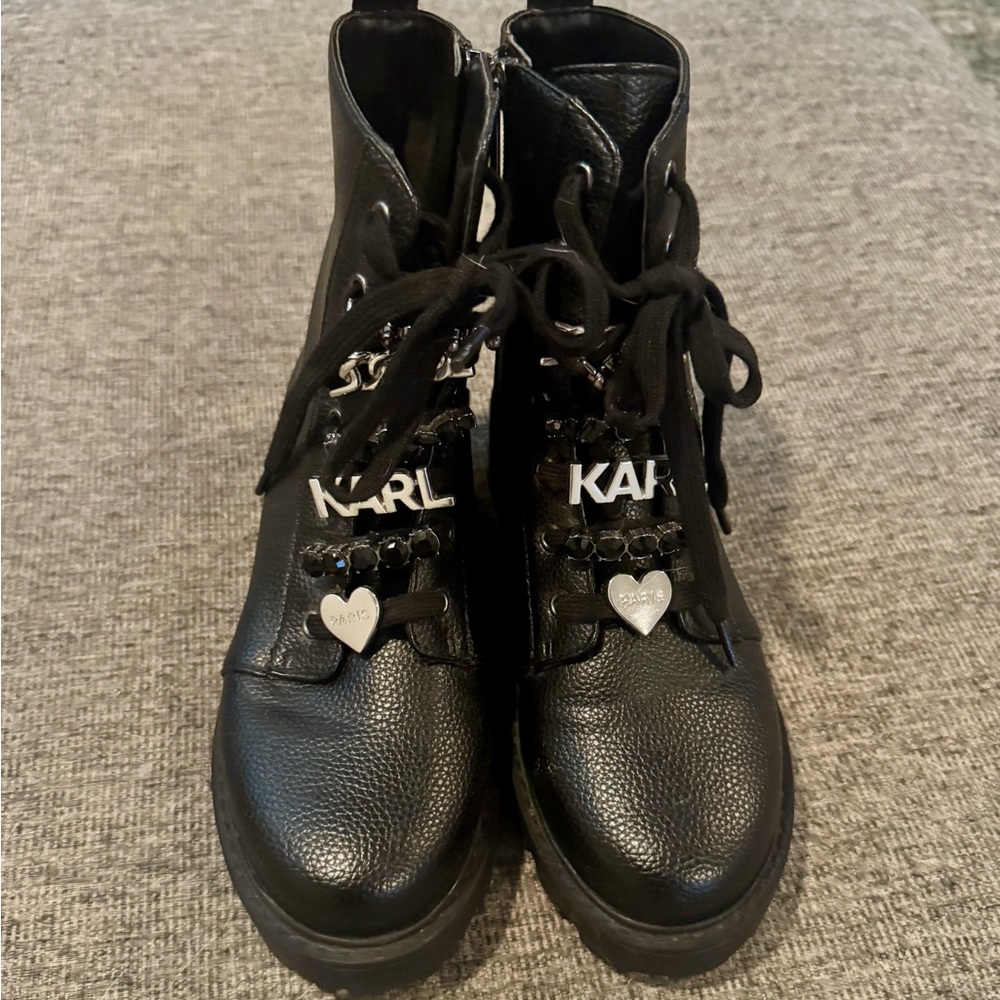 Karl Black Leather Boots with Heart Accents